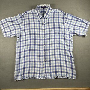 Alan Flusser Mens XL Short Sleeve Button Up Shirt 100% Linen Blue White Plaid